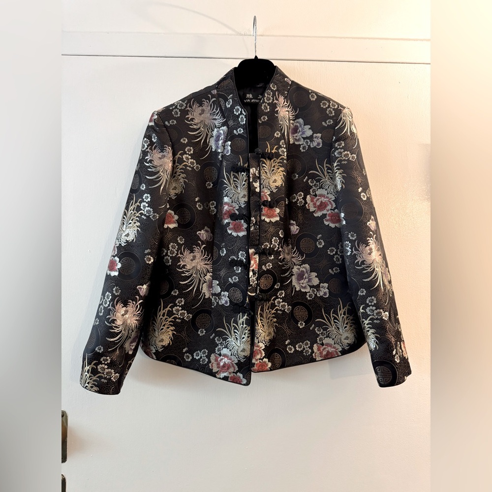 Ya Zheng Chinese Silk Jacket Black & Floral Small